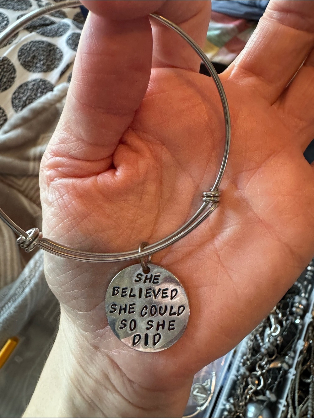 Inspirational Silver Tone Charm Bangle - "She Believed She Could"